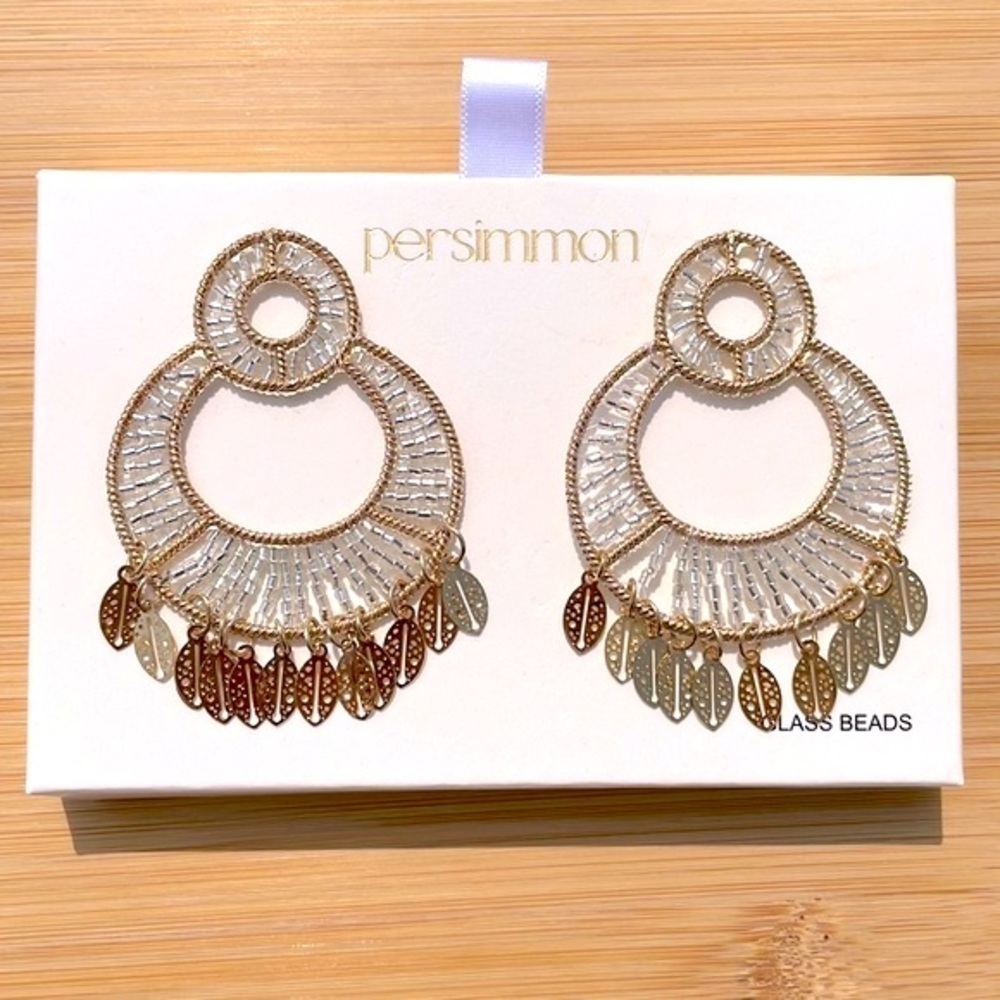 Brand New Persimmon Glass Beaded Gold Tone Leaf Round Drop Earrings Lightweight